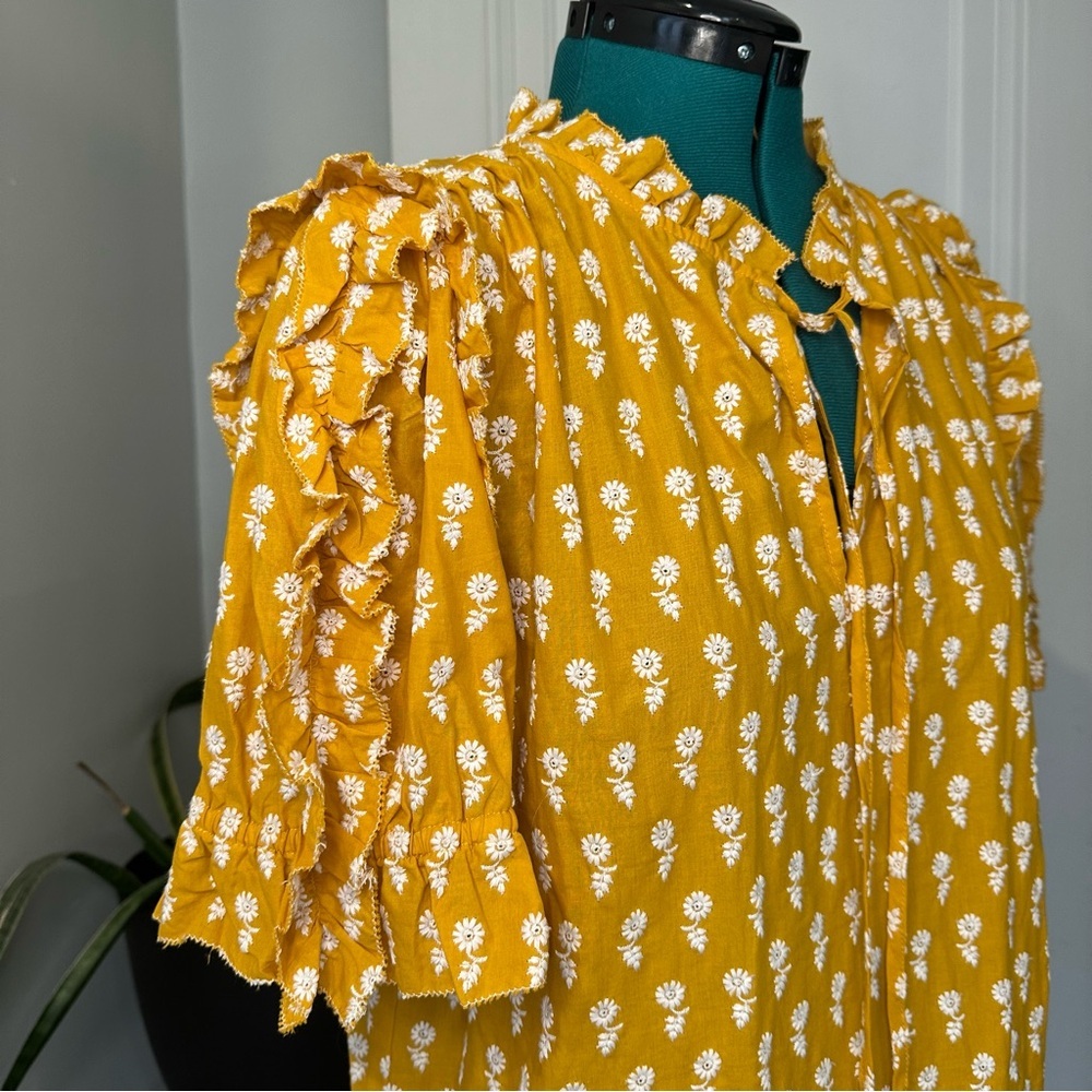 J. Crew Mustard Yellow Floral Tie-Neck Ruffle Sleeve Blouse - Picture 5 of 9